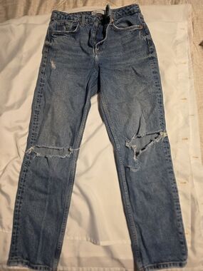 Zara Light Blue Straight Leg Ripped Jeans